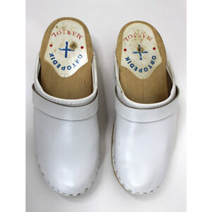 AM-Toffeln Women's 37 US 5.5 6 Clogs Shoes Slides Leather Wooden Footbed White